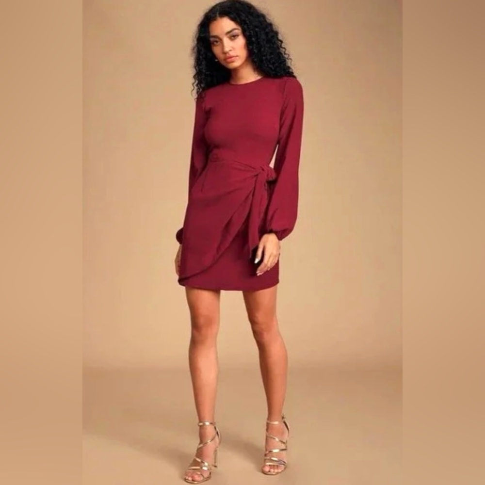 Lulu’s wine red skater dress with front tie wrap and long sleeves mid thigh - Picture 3 of 14